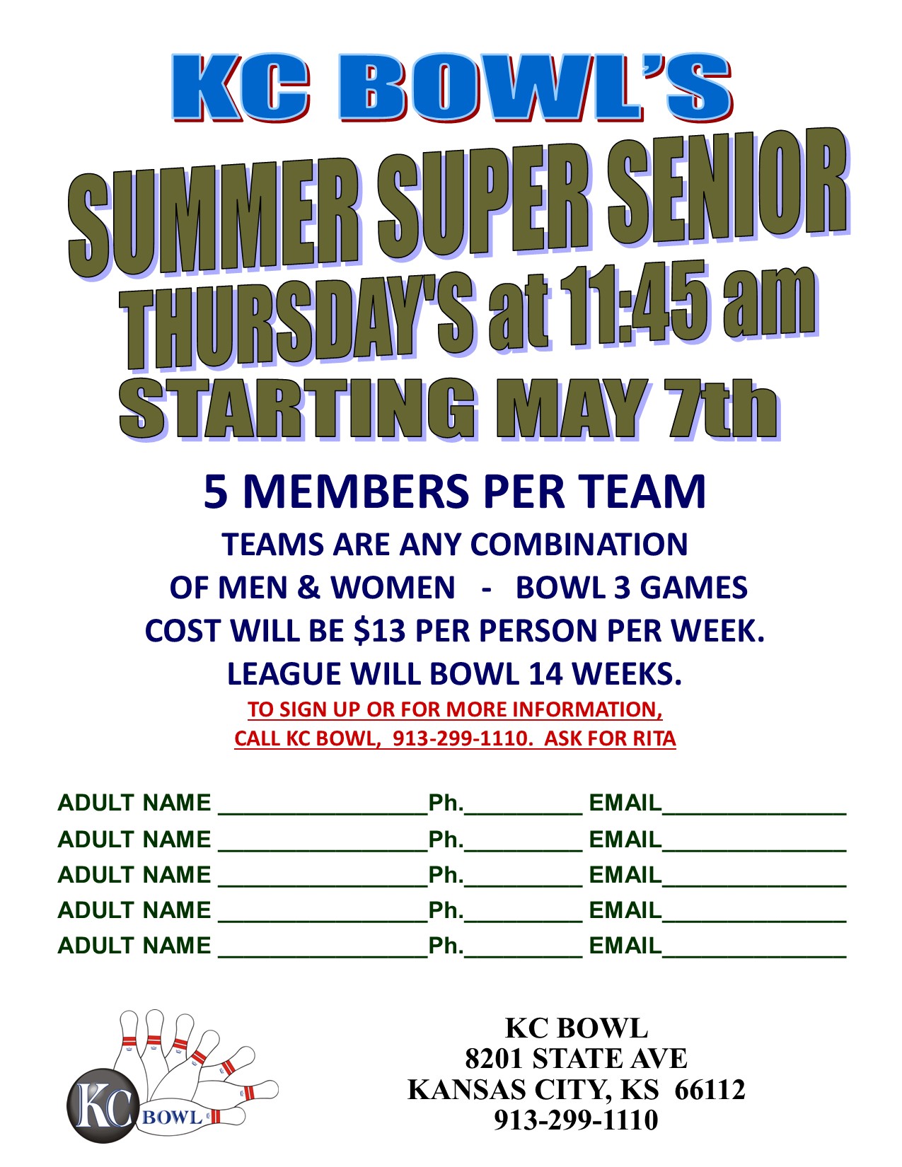 summer super senior league: Thursday's at 11:45AM